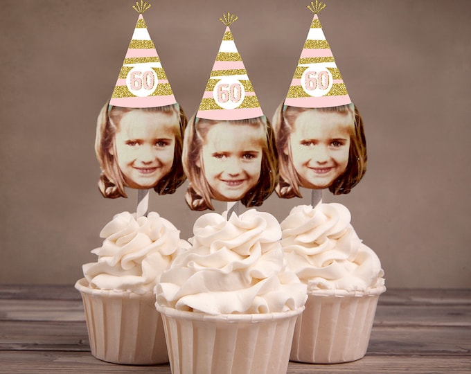 Digital File - Photo Cupcake Toppers (Birthday Hat Design)  Color Coordinated with your Party Scheme, birthday decor, milestone birthday