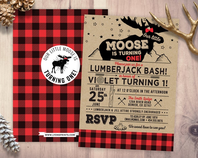 Lumberjack birthday Invitation, Buffalo Plaid Woodland Invitation, Lumberjack Invite, moose invite, bear invite, camping invitation
