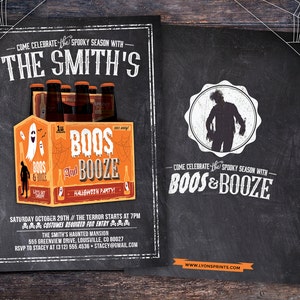 May include: Halloween party invitation with a chalkboard design. The invitation features a beer box with the words "Boos and Booze" and a zombie graphic. The text includes party details and RSVP information.