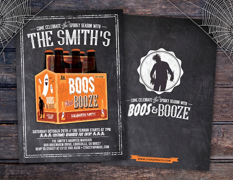 May include: Halloween party invitation with a chalkboard design. The invitation features a beer box with the words "Boos and Booze" and a zombie graphic. The text includes party details and RSVP information.