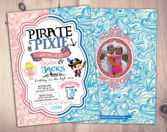 Pirates,Princess, Pixie Party Invitations, Pirate, Princess, Pixie Birthday Invitation, Princess and Pirate invitation ,Twins, fairy, baby