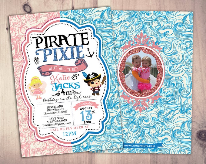 Pirates,Princess, Pixie Party Invitations, Pirate, Princess, Pixie Birthday Invitation, Princess and Pirate invitation ,Twins, fairy, baby