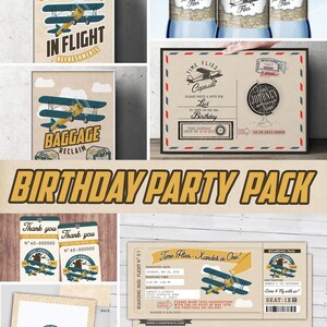 Pack de fête Time Flies, Invitation d'anniversaire, signes de fête, étiquettes de faveur, invitation d'avion vintage, fête de voyage, anniversaire d'avion