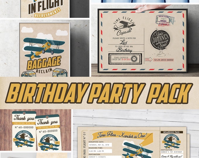 Time Flies party pack,  birthday Invitation, party signs, favor tags, vintage airplane invitation, travel party, airplane birthday