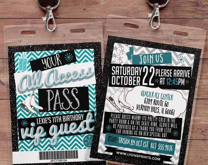 Ice Skating, invitation, birthday, VIP PASS, backstage pass, Vip invitation, birthday invitation,lanyard, Rock Star birthday, winter,chevron