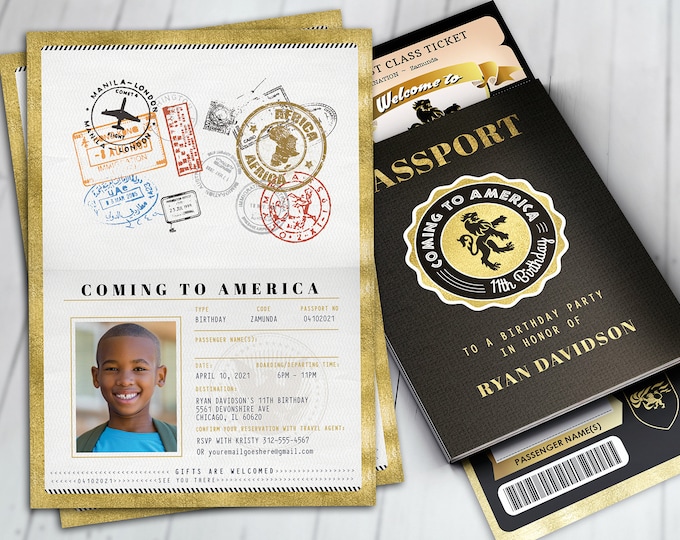 Passport and ticket birthday invitation, Coming to America Birthday invitation, Africa Passport, Zamunda, wedding, Digital files only
