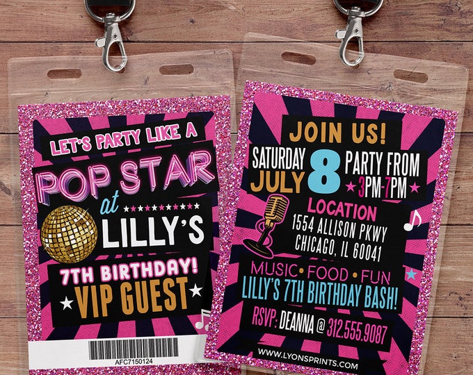 Retro, neon, VIP PASS, backstage pass, Vip invitation, birthday invitation, pop star, Rock Star birthday, Digital files