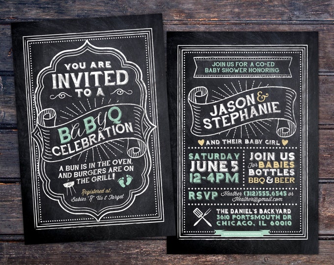 BabyQ chalkboard couples co-ed Baby Shower BBQ invitation - babyq - boy girl gender neutral - baby is brewing, baby boy, baby girl shower