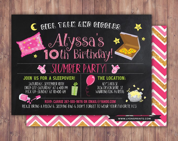 Slumber party invitation, pajama party invite, girl slumber party invitations, sleepover invitation, spa sleepover invitation