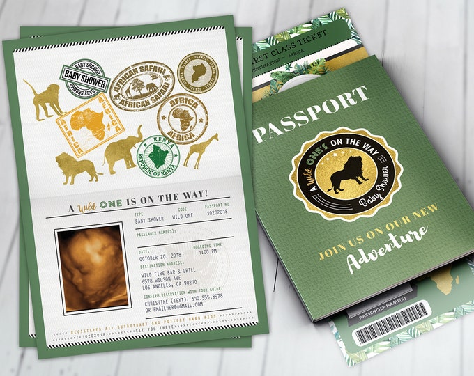 Passport invitation, Jungle Invitation, Jungle invite, Safari invitation, Safari Invite, Baby shower, Wild One, Elephant, Lion,