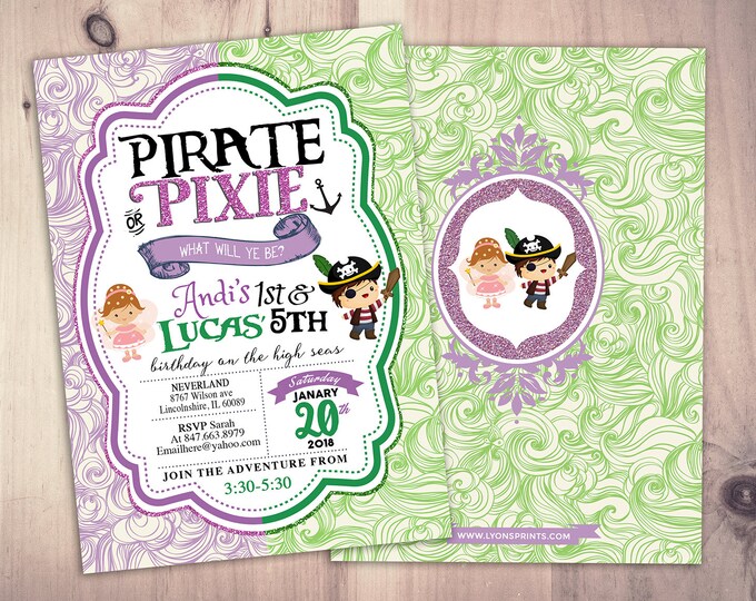 Pirates,Princess, Pixie Party Invitations, Pirate, Princess, Pixie Birthday Invitation, Princess and Pirate invitation ,Twins, fairy, baby