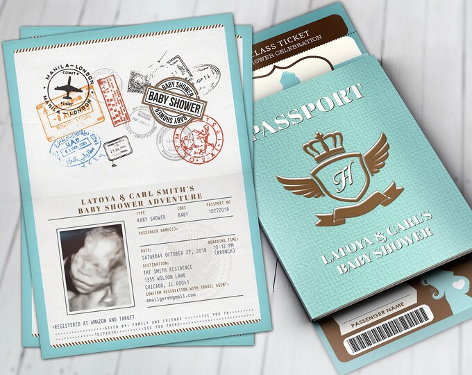 PASSPORT and TICKET baby shower invitation, Coed baby shower invitation- travel baby shower invitation- couples baby shower, Digital files