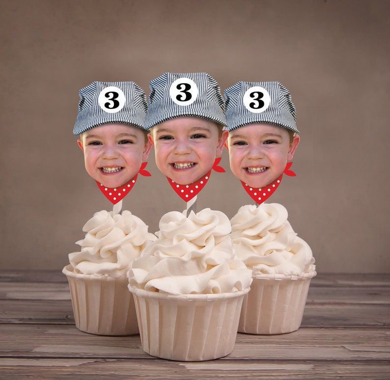 Train birthday, Birthday Photo cupcake toppers. Train conductor with scarf, Choo Choo train, train conductor, topper, boy birthday image 1