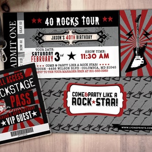 Rockstar concert ticket birthday party invitation,  Music invitation, rockstar party, drums, 40 rocks, 30th, 21st, 50th, 60th, 75th