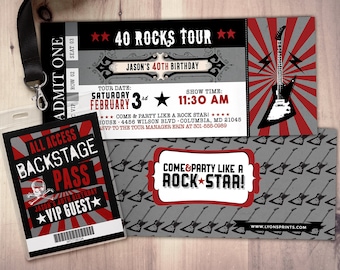 Rockstar concert ticket birthday party invitation,  Music invitation, rockstar party, drums, 40 rocks, 30th, 21st, 50th, 60th, 75th