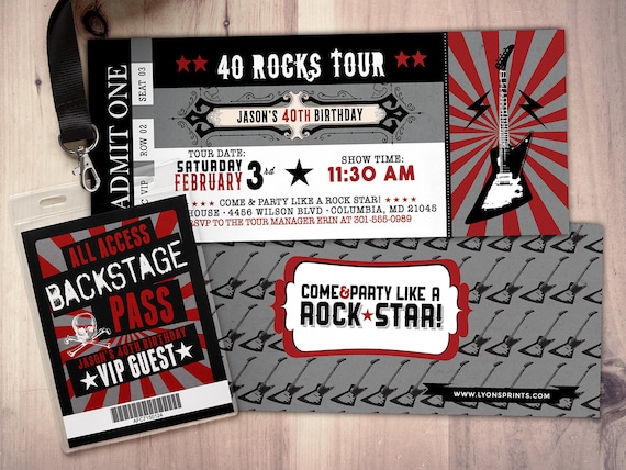 ROCK STAR concert ticket birthday party invitation- Music invitation, rockstar party, drums,40 rocks, 30th,21st,50th, 60th,75th Il_570xn