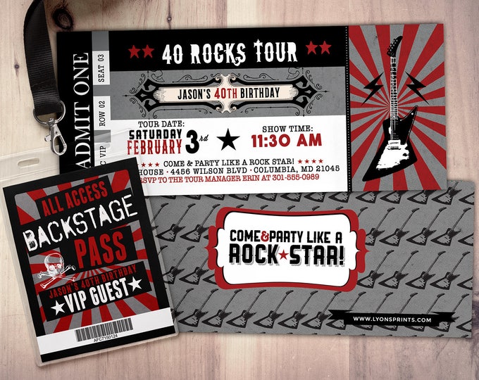 Rockstar concert ticket birthday party invitation,  Music invitation, rockstar party, drums, 40 rocks, 30th, 21st, 50th, 60th, 75th