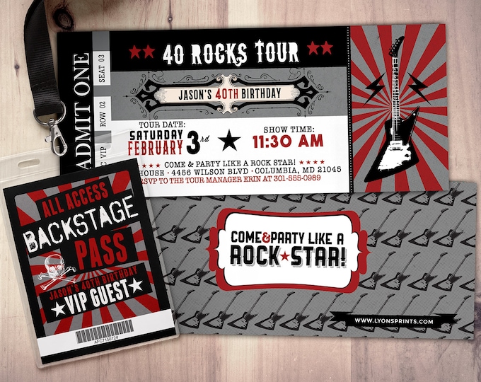 Rockstar concert ticket birthday party invitation,  Music invitation, rockstar party, drums, 40 rocks, 30th, 21st, 50th, 60th, 75th