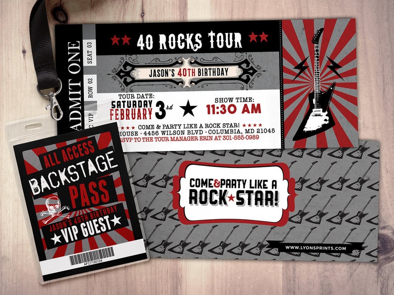 Rockstar concert ticket birthday party invitation, Music invitation, rockstar party, drums, 40 rocks, 30th, 21st, 50th, 60th, 75th image 1