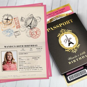 PASSPORT and TICKET birthday invitation, Paris birthday party invitation- travel birthday party invitation- Paris, 40th, surprise,50th, 30th