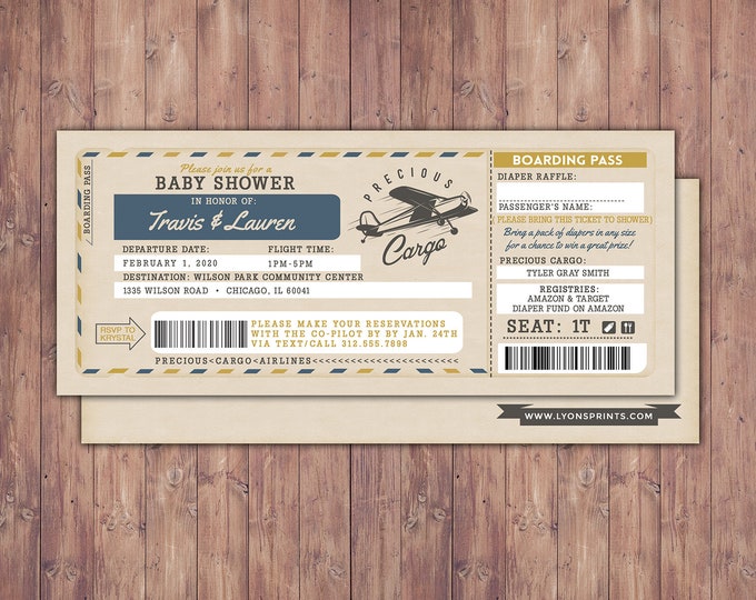 Airplane ticket baby shower invitation, vintage airplane, travel theme, Precious Cargo, time flies, airplane invite, Digital files only