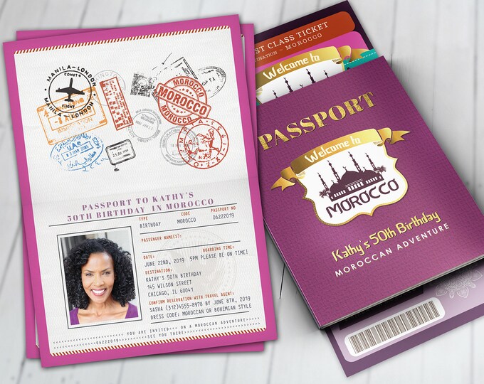 Morocco, Arabian, Passport and ticket, birthday invitation, Girl birthday, travel birthday party invitation, birthday, ethnic, Morocco theme