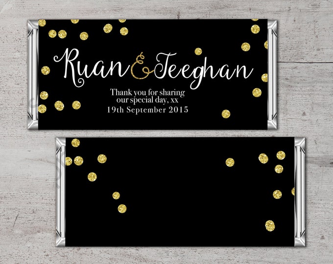 Candy bar wrapper, wedding favor, candy favor, party favor, thank you, gift, wedding, party supplies, sticker, label, tag, confetti, gold