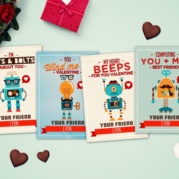 Printable Valentine Card, Boy's Valentine's, Robot, Candy, Monster, hipster, kid's valentine's, Valentine's Day, Valentines Day, class party