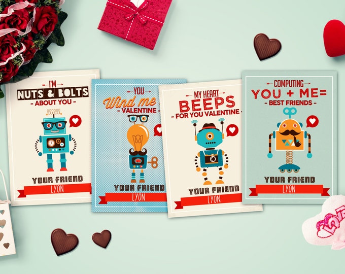 Printable Valentine Card, Boy's Valentine's, Robot, Candy, Monster, hipster, kid's valentine's, Valentine's Day, Valentines Day, class party