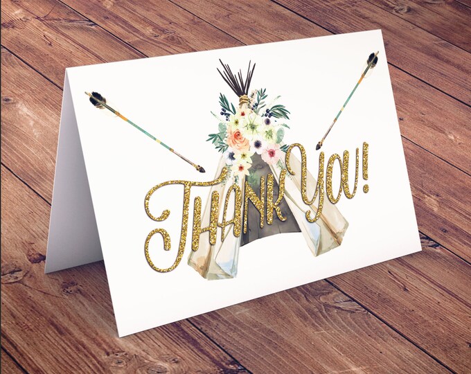 TEEPEE Baby Shower thank you, Thank you card, aztec baby shower, BOHO, arrows, pow wow, Tribal, greeting card