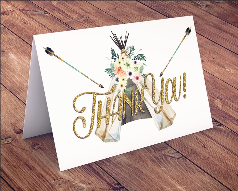 TEEPEE Baby Shower, Thank you card, arrow baby shower, pow wow, BOHO, Tribal, greeting card, BOHO thank you card image 2