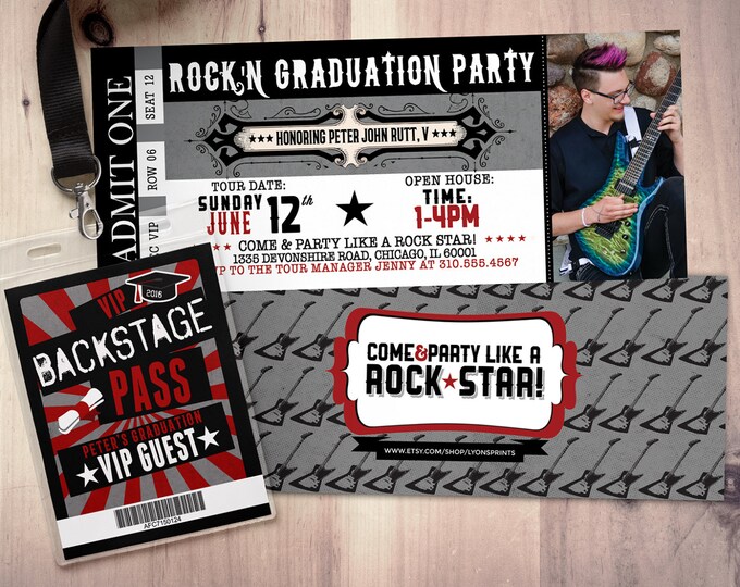 Concert ticket, graduation party invitation, rockstar birthday invitation- -prom invitation, VIP pass, ticket invitation, rock star