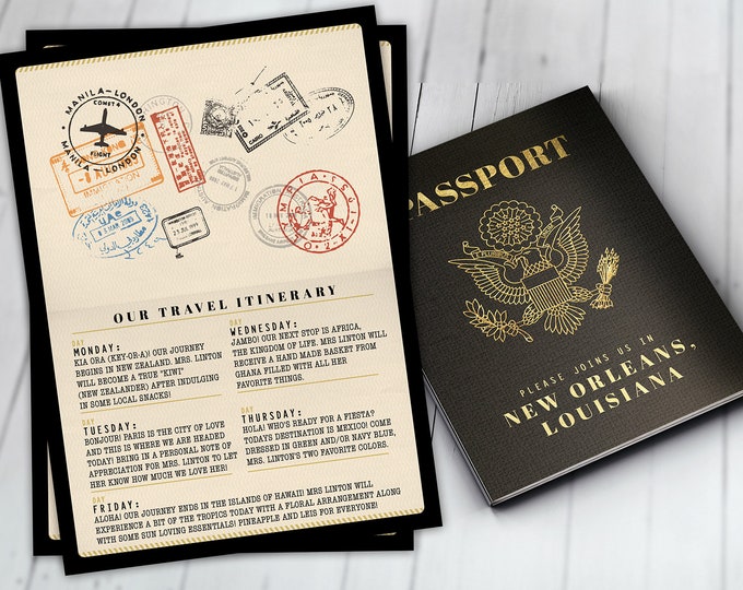 Travel Theme Passport Menu, Itinerary (Digital Files Only)