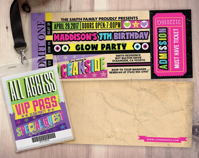 Pop star, Rock Star concert ticket birthday party invitation- Music invitation, rockstar party, pop star, karaoke party, Glow party