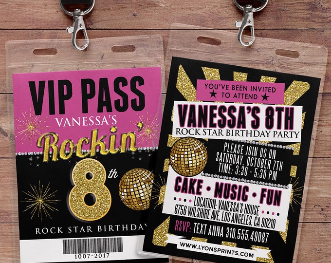 Any age, birthday invitation, rock star, VIP PASS, backstage pass, concert ticket, birthday invitation, wedding, baby shower, party favor