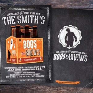 May include: Halloween party invitation with a chalkboard design. The invitation features a beer carton with the words "Boos & Brews" and a ghost illustration. The text includes party details and the phrase "Costumes Required".