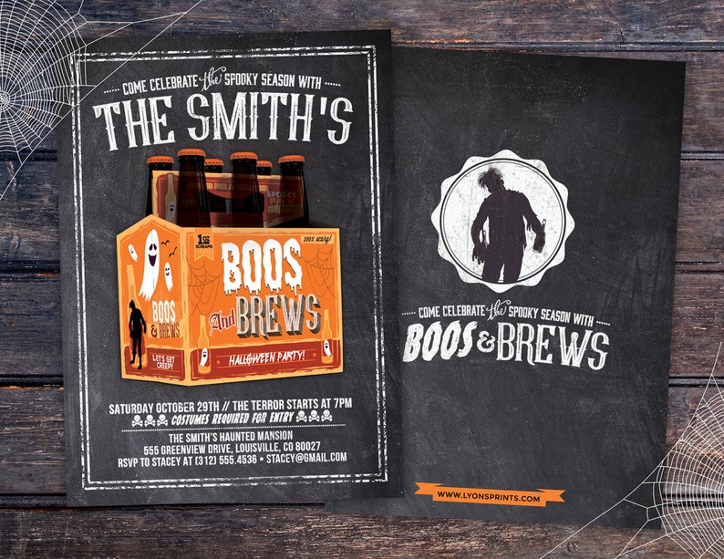 May include: Halloween party invitation with a chalkboard design. The invitation features a beer carton with the words "Boos & Brews" and a ghost illustration. The text includes party details and the phrase "Costumes Required".