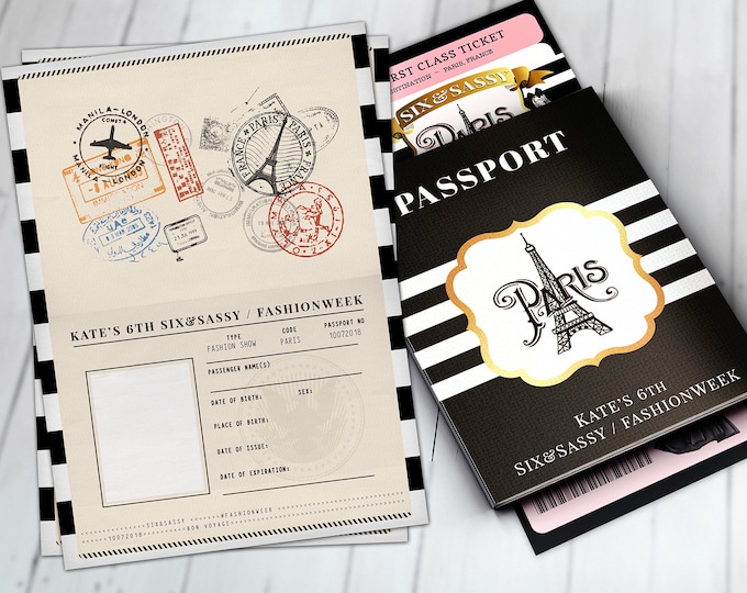PASSPORT and TICKET, Sweet 16, Quinceanera invitation Girl birthday party, fashion show birthday invitation- Paris, Digital files only