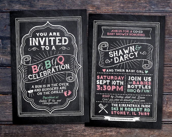 BabyQ chalkboard couples co-ed Baby Shower BBQ invitation - babyq - boy girl gender neutral - baby is brewing, baby boy, baby girl shower