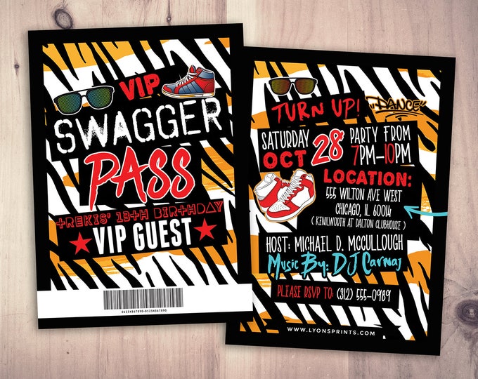 Hip Hop, Swagger, VIP PASS, backstage pass, Vip invitation, birthday invitation, pop star, lanyard, Rock Star birthday, animal print