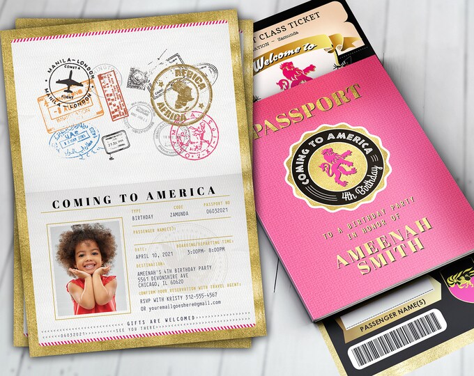 Passport and ticket birthday invitation, Coming to America Birthday invitation, Africa Passport, Zamunda, wedding, Digital files only