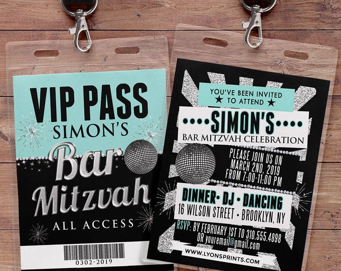 Bar Mitzvah, birthday invitation, rock star, VIP PASS, backstage pass, birthday invitation, wedding, baby shower, party favor