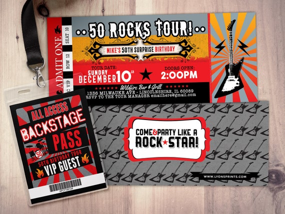 ROCK STAR concert ticket birthday party invitation- Music invitation, rockstar party, drums,40 rocks, 30th,21st,50th, 60th,75th Il_570xn