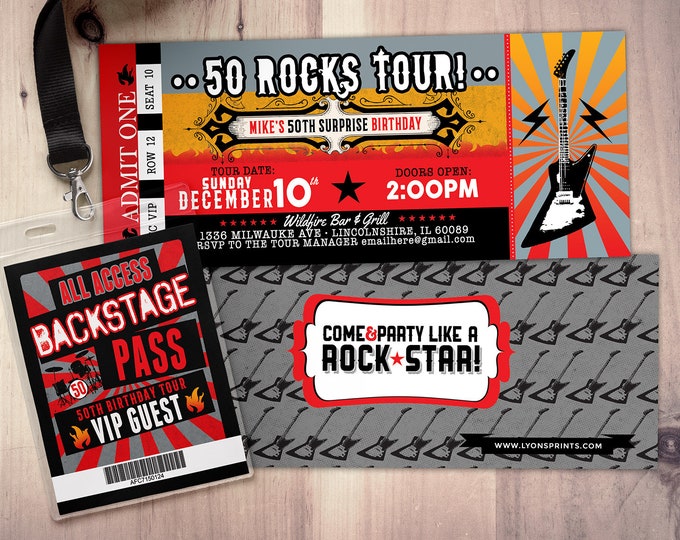 ROCK STAR concert ticket birthday party invitation- Music invitation, rockstar party, drums,40 rocks, 30th,21st,50th, 60th,75th