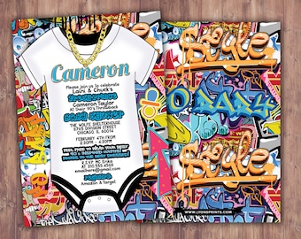 May include: A baby shower invitation with a graffiti-style background. The invitation features a white onesie with a gold chain necklace and the name "Cameron" printed on it. The text on the invitation reads "Please join us to celebrate Laini & Chuck's  Frost Prince Cameron Taylor At their 90's Throwback Baby Shower The Wolfe Shelterhouse 8765 Division Street Chicago, IL 60014 February 4th from 2:30pm - 4:30pm Feel free to wear your best 90's inspired outfits! Prizes to the best dressed! RSVP MC Erika at 310.555.4568 emailhere@gmail.com Register Amazon & Target"