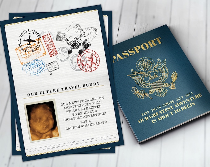 Passport pregnancy announcement, birth announcement, travel baby announcement, baby boy, baby girl, baby shower, pregnant, expecting