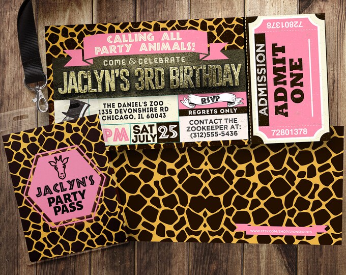 Ticket invitation, ZOO, birthday invitation, baby shower, leopard print, twins birthday, animal print, animals, ,safari birthday,