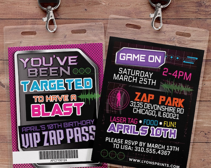 Laser tag invitation, VIP pass birthday invitations for laser tag party, Boy's birthday party invitation, laser gun, arcade invite