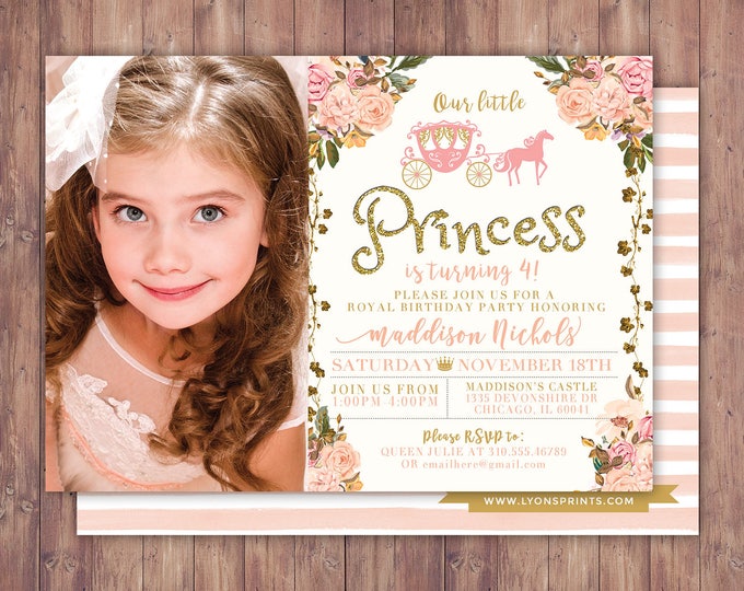 Princess Birthday Invitation Princess Carriage Birthday Invitation Pink Gold Glitter Princess Birthday Invite Carriage Invitation