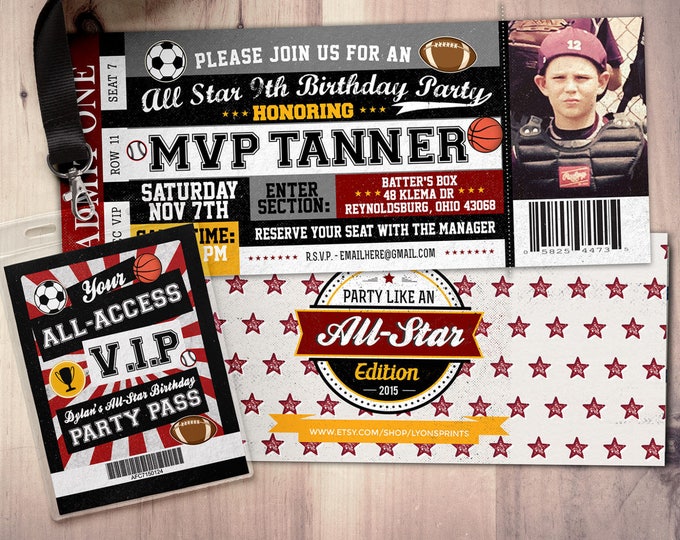 Vintage, All-Star Invitation //  Little Slugger Birthday //  BIRTHDAY invitation, boy birthday, sports birthday, ticket invitation